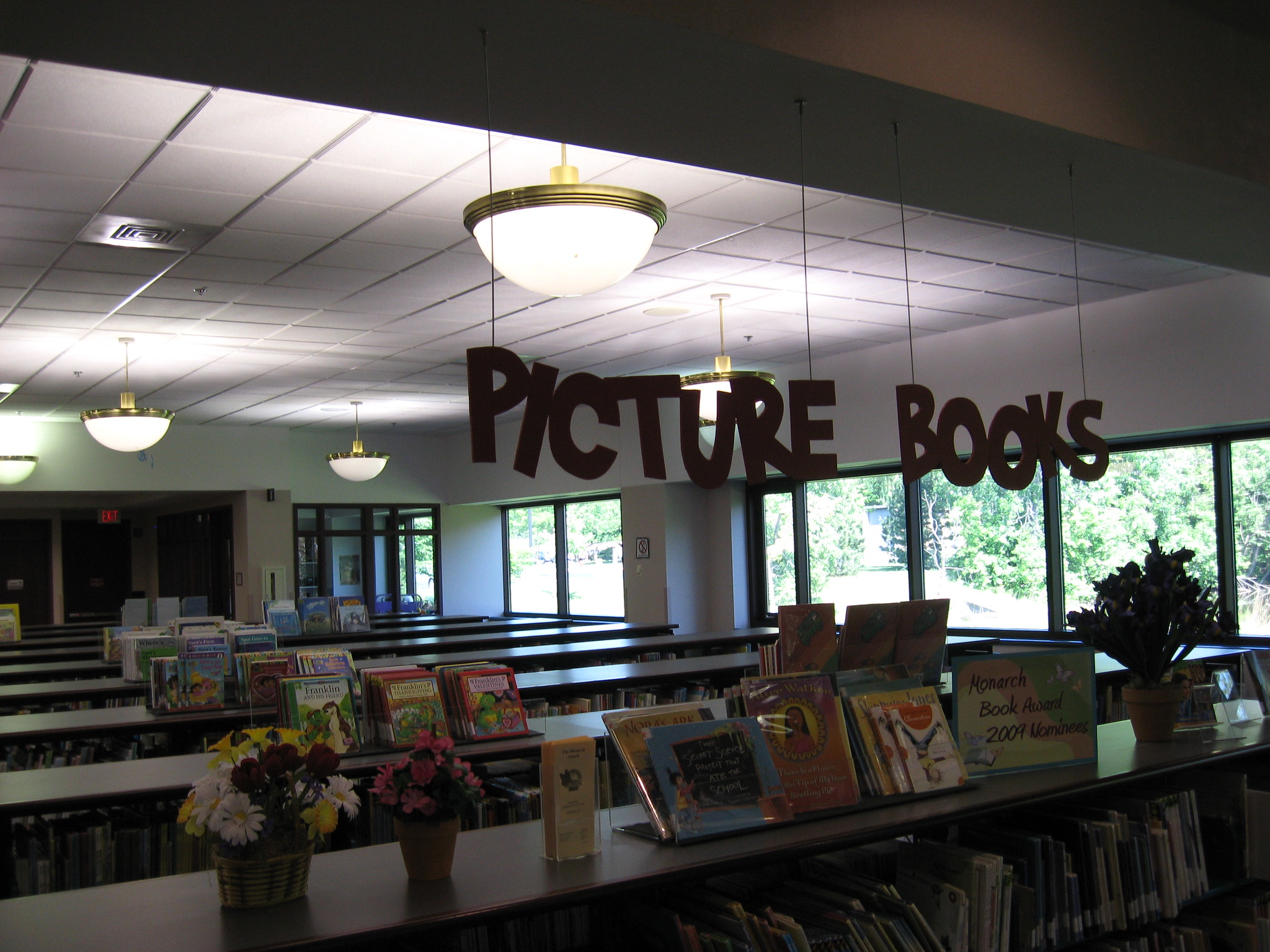 A photograph of a sign reading "Picture Books" at the Palatine Public Library to tell patrons where the children's literature section is.