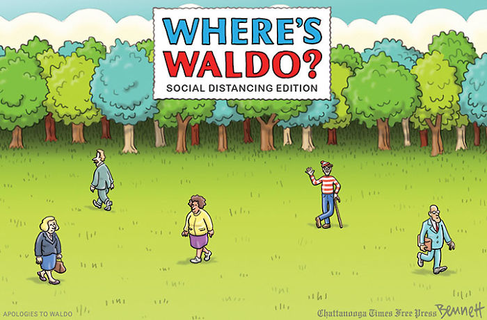 A cartoon titled "Where's Waldo: Social Distancing Edition." The cartoon features Waldo easily found in a socially distanced group of five people.