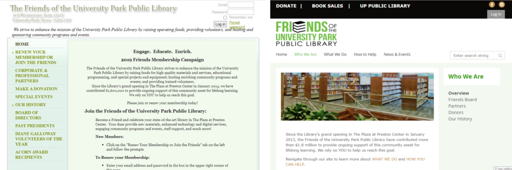 Screengrabs of the website for the Friends of the University Park Public Library, before and after the website update.