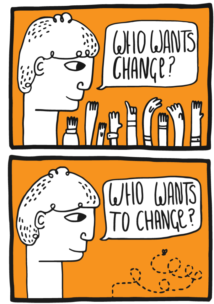 Graphic of two images. In the first, a person asks a group, "Who wants change?" with the group responding with many raised hands. In the second, the same person asks, "Who wants to change," with only a fly buzzing as a response, implying that the group may want to see change but not to change their own behavior.