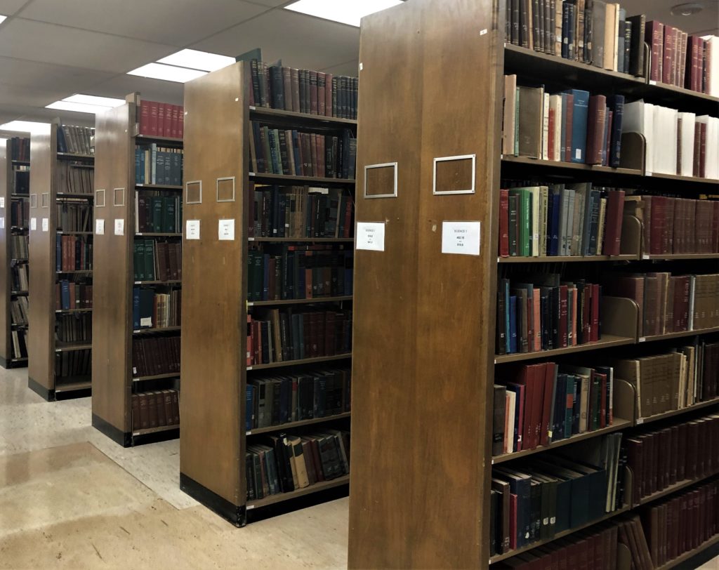 A photograph of the stacks at Fondren Library, the main library at Southern Methodist University.